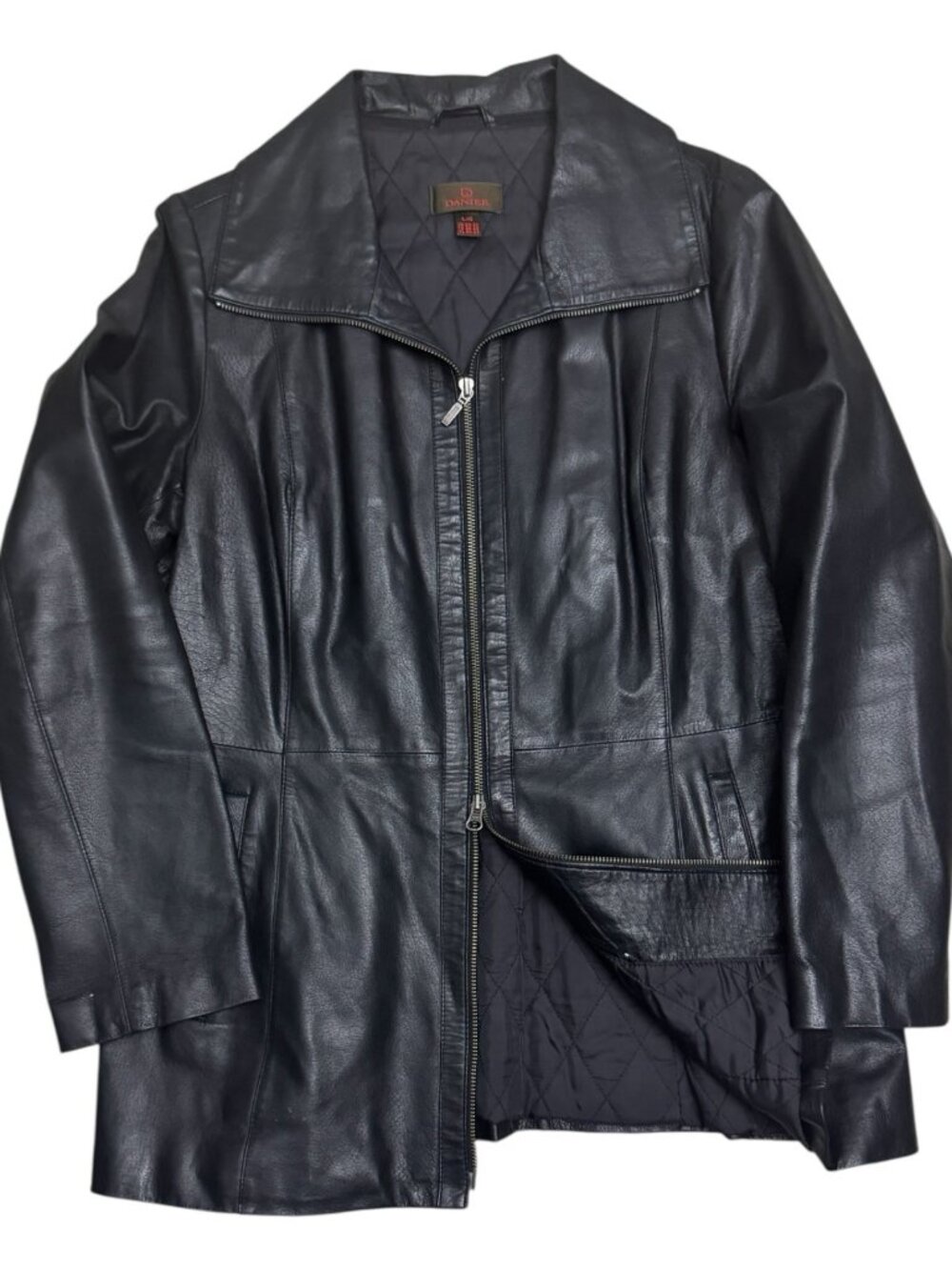 DANIER LEATHER Vintage Y2K Business Casual Black Trench Jacket Coat Womens Large